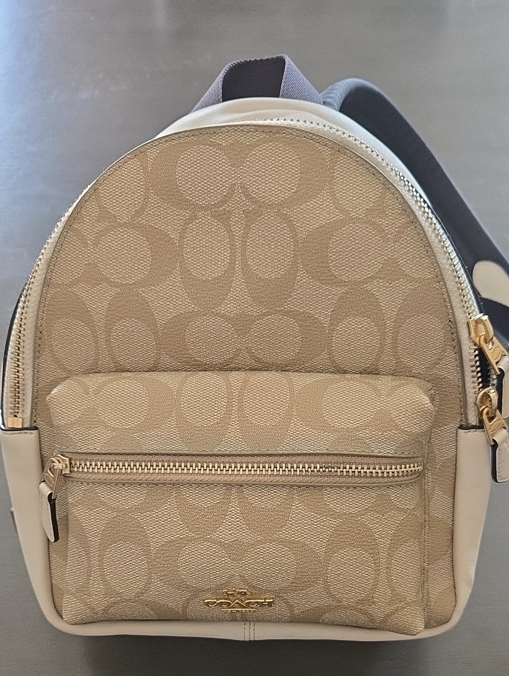 Coach Beige Signature Mini Backpack with Gold Hardware